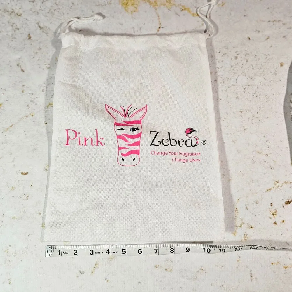 Pink Zebra Drawstring Dust Bag White Travel Storage Gift Bag EUC 10x14 Logo